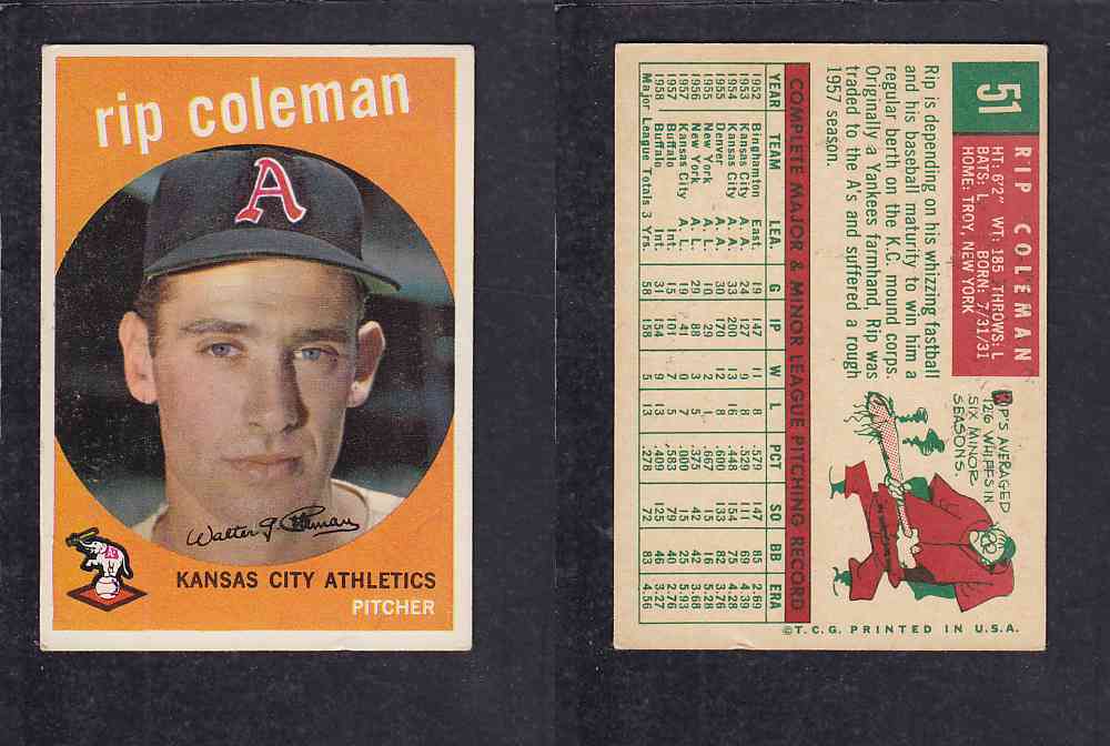 1959 TOPPS BASEBALL CARD#51 R. COLEMAN photo 1959 TOPPS BASEBALL CARD#51 R. COLEMAN photo