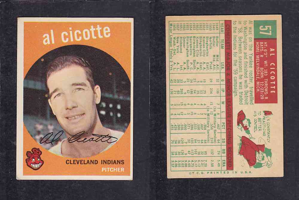 1959 TOPPS BASEBALL CARD #57 A. CICOTTE photo 1959 TOPPS BASEBALL CARD #57 A. CICOTTE photo