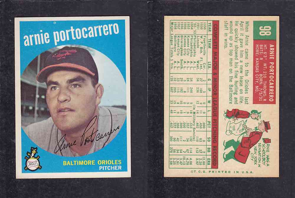 1959 TOPPS BASEBALL CARD #98 A. PORTOCARRERO photo 1959 TOPPS BASEBALL CARD #98 A. PORTOCARRERO photo