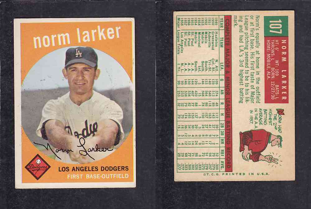 1959 TOPPS BASEBALL CARD #107 N. LARKER photo 1959 TOPPS BASEBALL CARD #107 N. LARKER photo