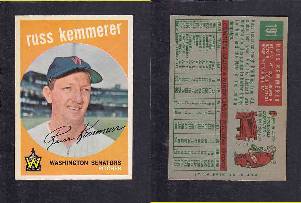 1959 TOPPS BASEBALL CARD #191 R. KEMMERER photo 1959 TOPPS BASEBALL CARD #191 R. KEMMERER photo