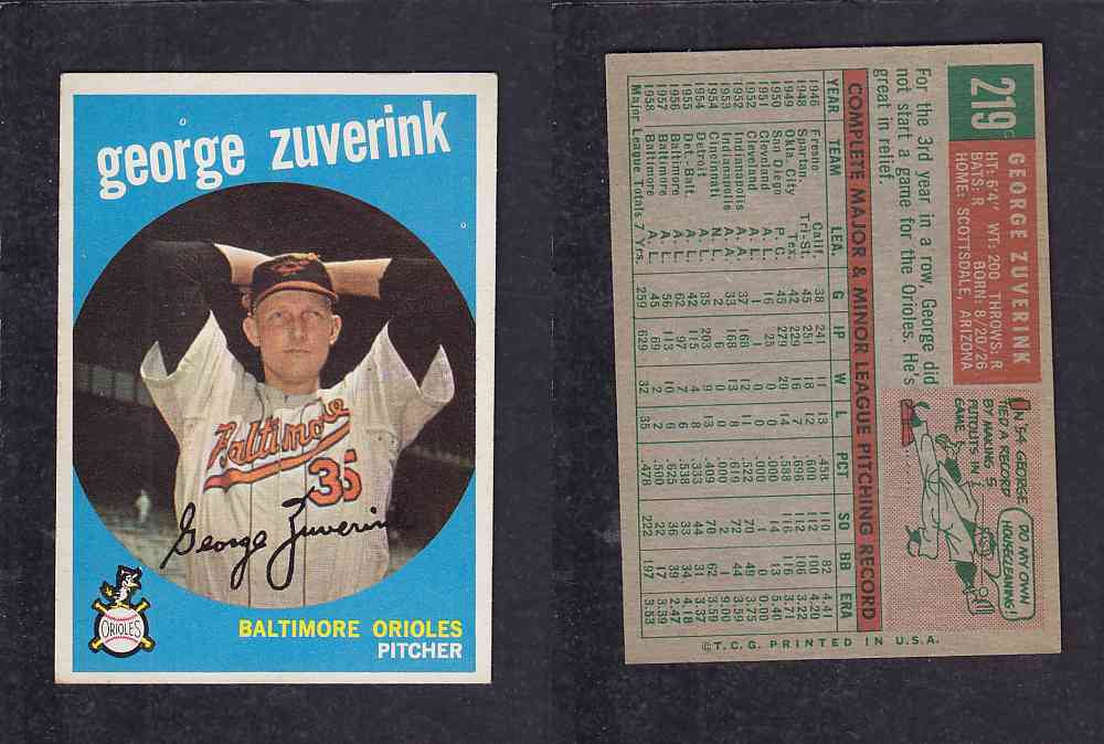 1959 TOPPS BASEBALL CARD #219 G. ZUVERING photo 1959 TOPPS BASEBALL CARD #219 G. ZUVERING photo
