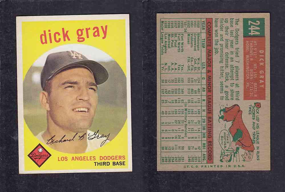 1959 TOPPS BASEBALL CARD #244 D. GRAY photo 1959 TOPPS BASEBALL CARD #244 D. GRAY photo
