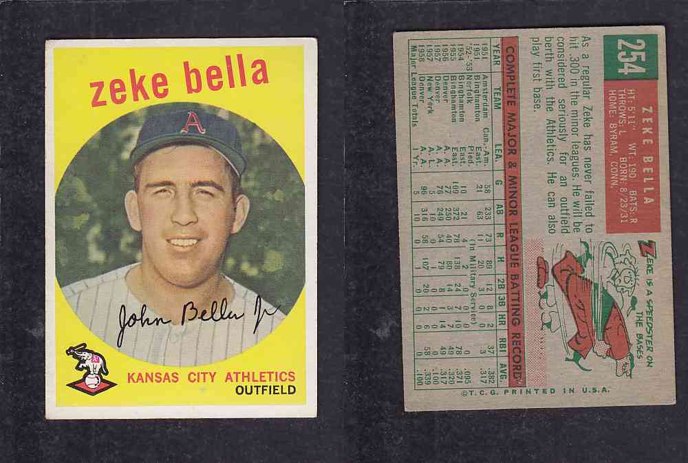 1959 TOPPS BASEBALL CARD #254 Z. BELLA photo 1959 TOPPS BASEBALL CARD #254 Z. BELLA photo