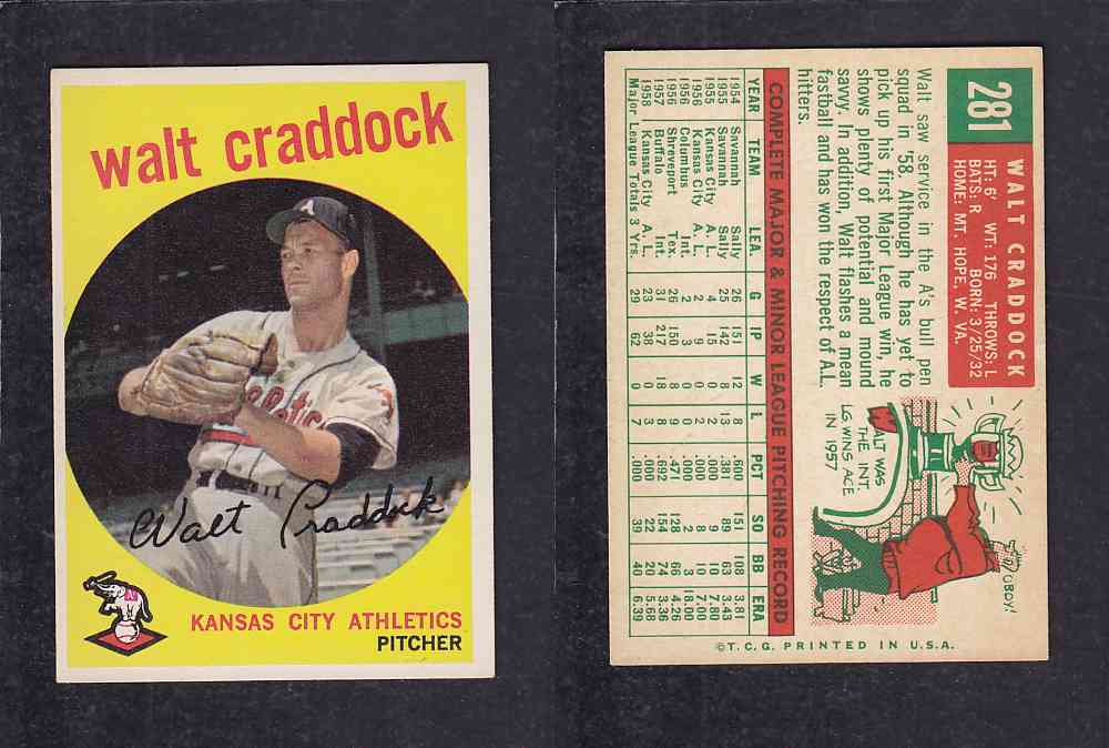1959 TOPPS BASEBALL CARD #281 W. CRADDOCK photo 1959 TOPPS BASEBALL CARD #281 W. CRADDOCK photo