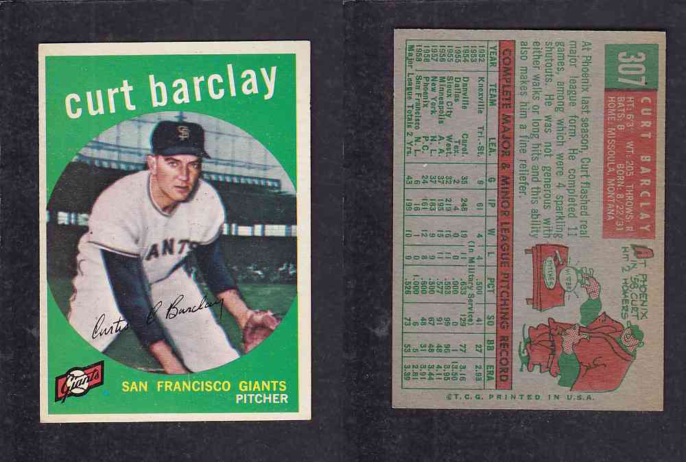 1959 TOPPS BASEBALL CARD #307 C. BARCLAY photo 1959 TOPPS BASEBALL CARD #307 C. BARCLAY photo