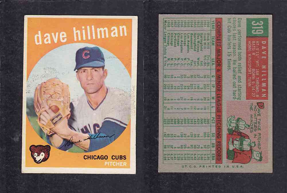 1959 TOPPS BASEBALL CARD #319 D. HILLMAN photo 1959 TOPPS BASEBALL CARD #319 D. HILLMAN photo