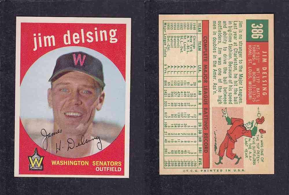1959 TOPPS BASEBALL CARD #386 J. DELSING photo 1959 TOPPS BASEBALL CARD #386 J. DELSING photo