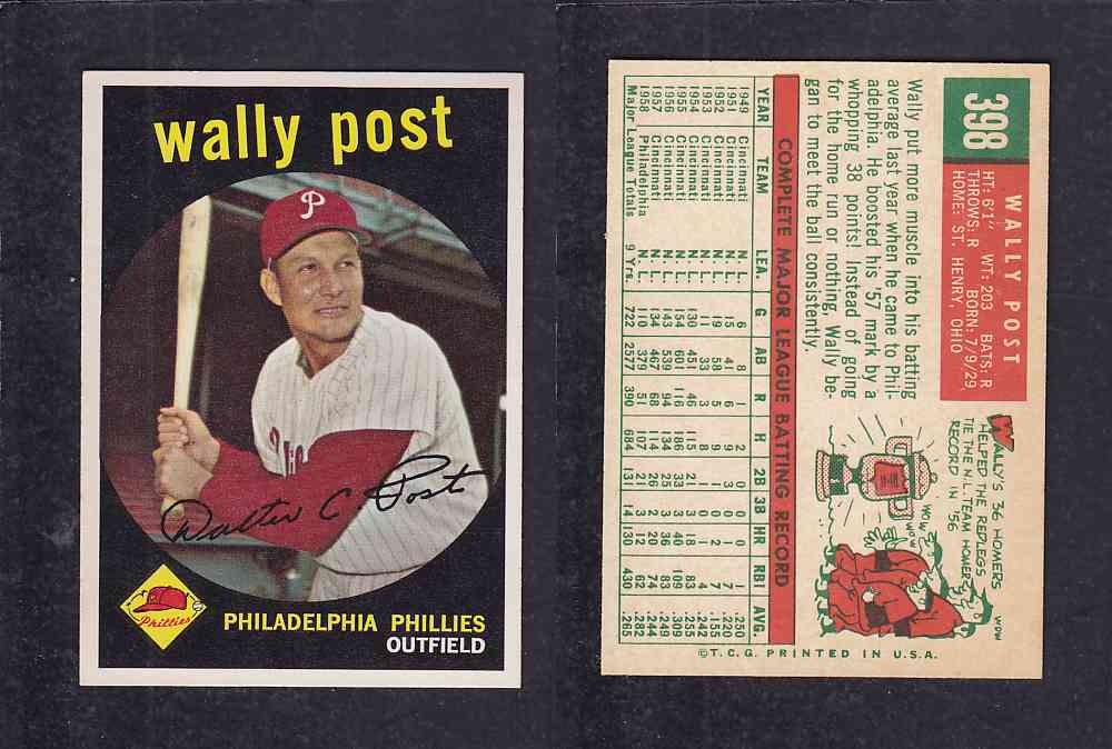 1959 TOPPS BASEBALL CARD #398 W. POST photo 1959 TOPPS BASEBALL CARD #398 W. POST photo