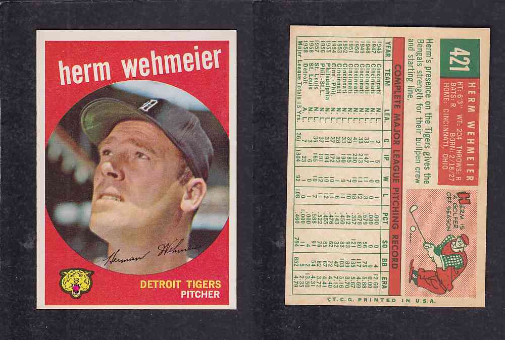 1959 TOPPS BASEBALL CARD #421 H. WEHMEIER photo 1959 TOPPS BASEBALL CARD #421 H. WEHMEIER photo