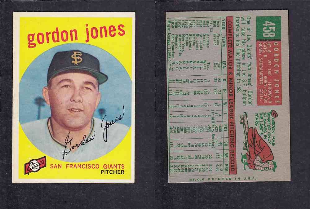 1959 TOPPS BASEBALL CARD #458 G. JONES photo 1959 TOPPS BASEBALL CARD #458 G. JONES photo