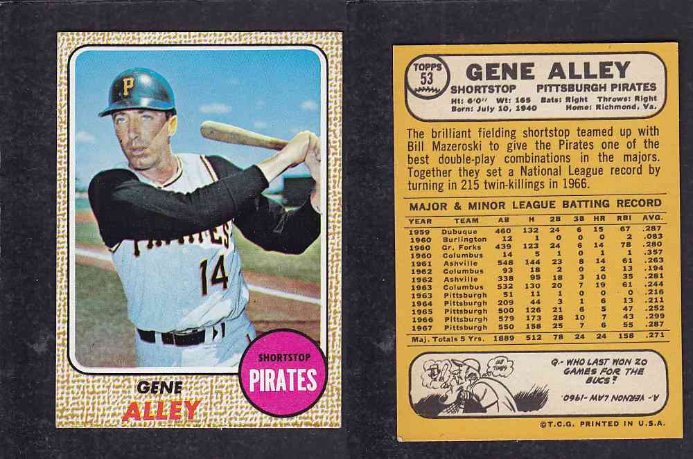 1968 TOPPS BASEBALL CARD #53 G. ALLEY photo 1968 TOPPS BASEBALL CARD #53 G. ALLEY photo