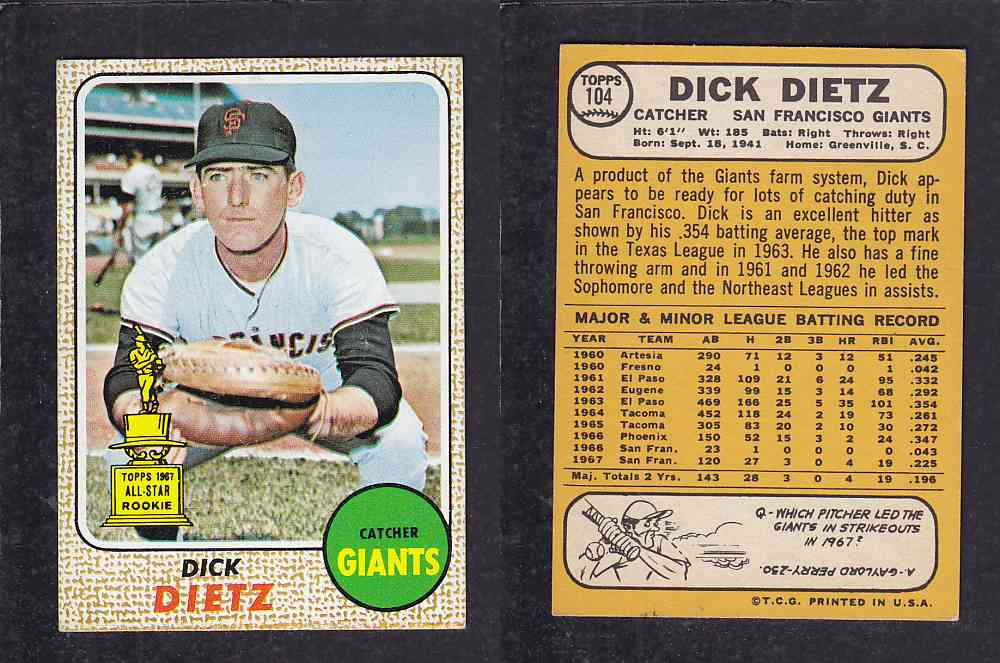 1968 TOPPS BASEBALL CARD #104 D. DIETZ photo 1968 TOPPS BASEBALL CARD #104 D. DIETZ photo