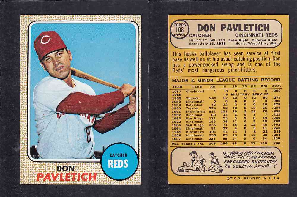 1968 TOPPS BASEBALL CARD #108 D. PAVLETICH photo 1968 TOPPS BASEBALL CARD #108 D. PAVLETICH photo