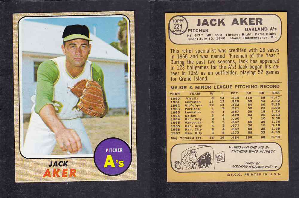 1968 TOPPS BASEBALL CARD #224 J. AKER photo 1968 TOPPS BASEBALL CARD #224 J. AKER photo