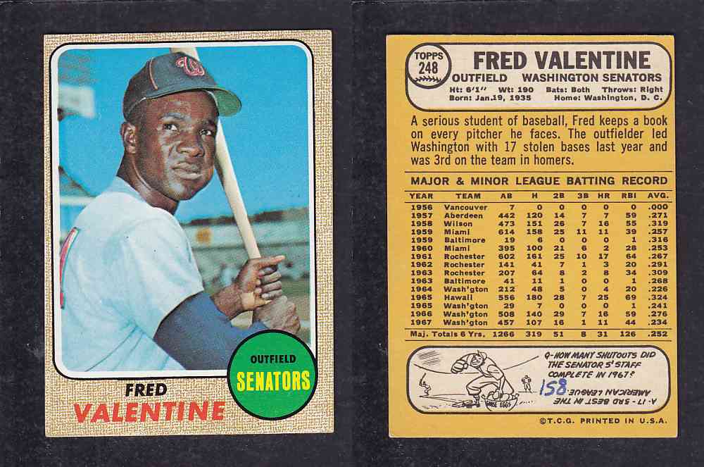 1968 TOPPS BASEBALL CARD #248 F. VALENTINE photo 1968 TOPPS BASEBALL CARD #248 F. VALENTINE photo