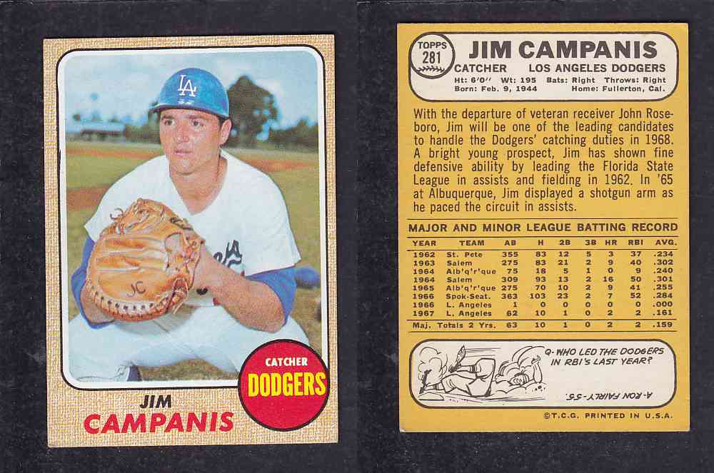 1968 TOPPS BASEBALL CARD #281 J. CAMPANIS photo 1968 TOPPS BASEBALL CARD #281 J. CAMPANIS photo