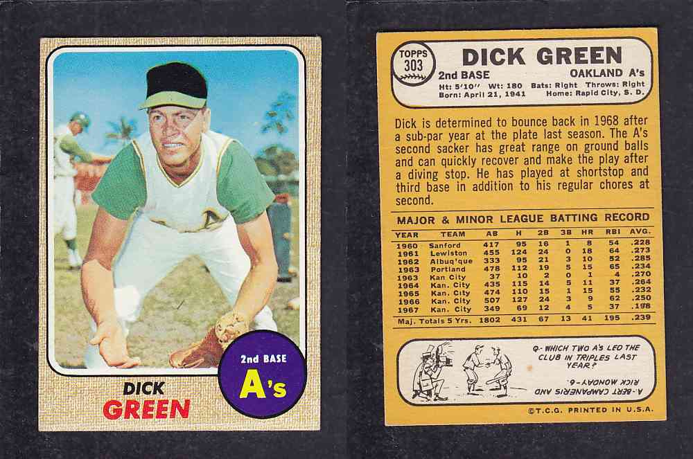 1968 TOPPS BASEBALL CARD #303 D. GREEN photo 1968 TOPPS BASEBALL CARD #303 D. GREEN photo
