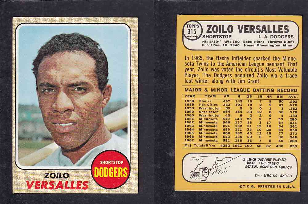 1968 TOPPS BASEBALL CARD #315 Z. VERSALLES photo 1968 TOPPS BASEBALL CARD #315 Z. VERSALLES photo