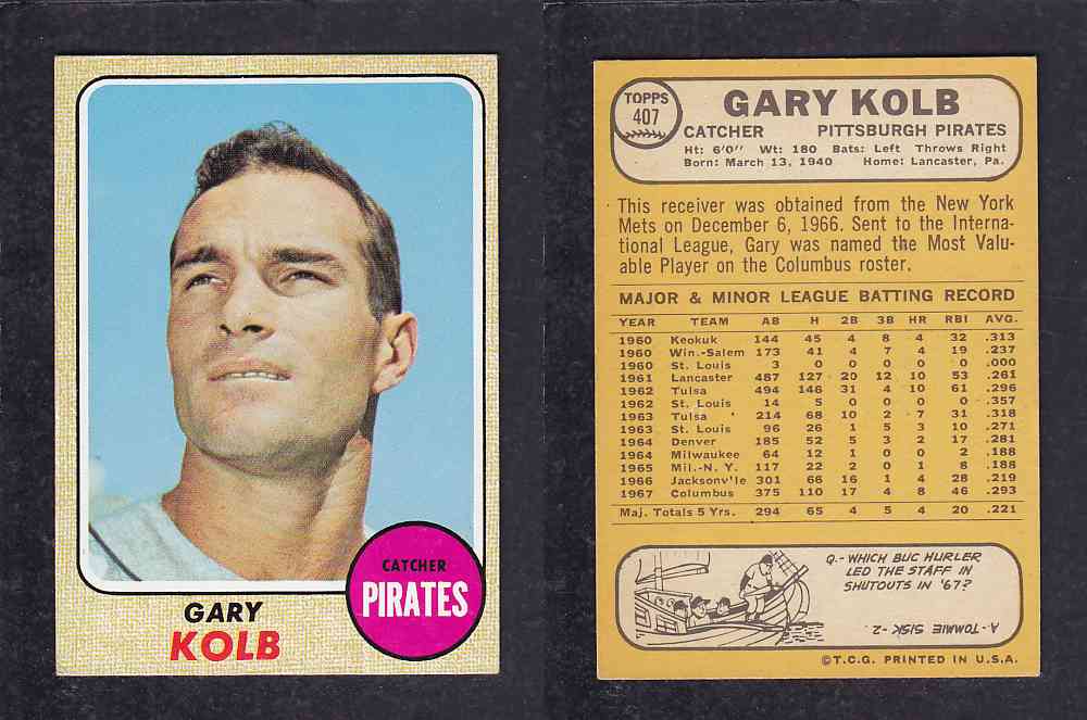 1968 TOPPS BASEBALL CARD #407 G. KOLB photo 1968 TOPPS BASEBALL CARD #407 G. KOLB photo