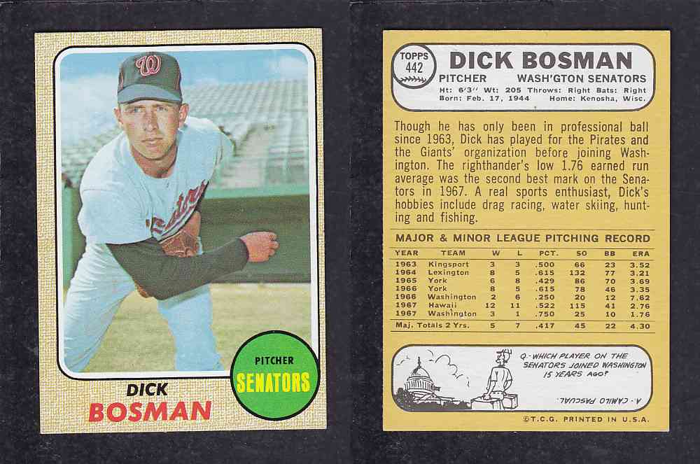1968 TOPPS BASEBALL CARD #442 D. BOSMAN photo 1968 TOPPS BASEBALL CARD #442 D. BOSMAN photo