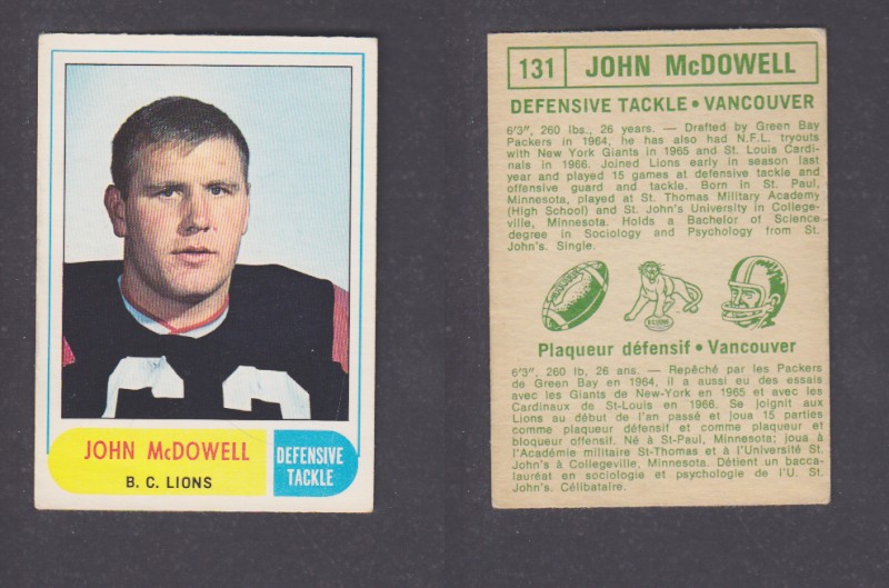 1968 CFL O-PEE-CHEE FOOTBALL CARD #131 J. McDOWELL photo 1968 CFL O-PEE-CHEE FOOTBALL CARD #131 J. McDOWELL photo