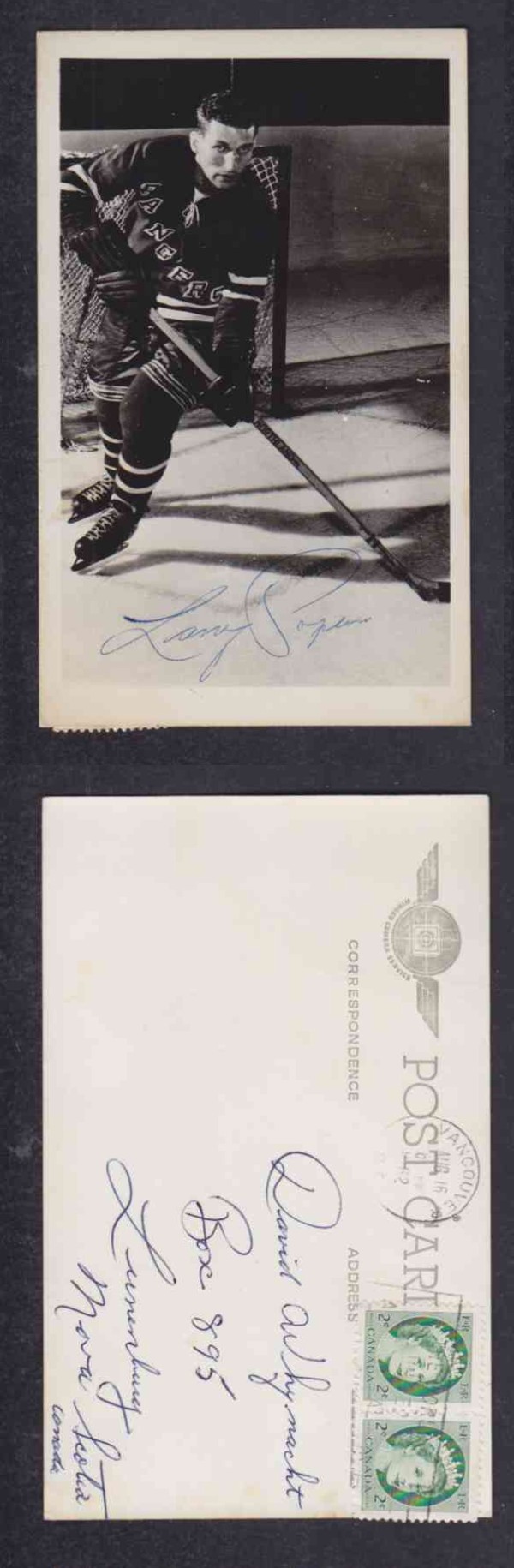 1960 'S NY RANGERS C.POPEIN AUTOGRAPHED POST CARD photo 1960 'S NY RANGERS C.POPEIN AUTOGRAPHED POST CARD photo