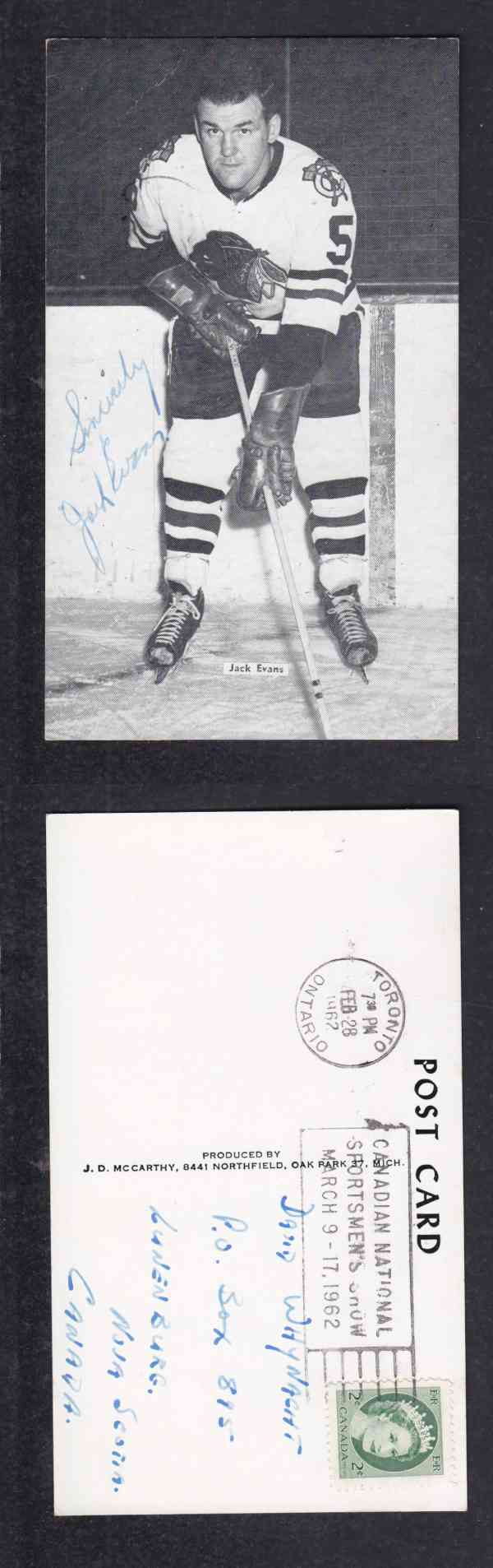 1960 'S CHICAGO BLACKHAWKS J.EVANS AUTOGRAPHED POST CARD photo 1960 'S CHICAGO BLACKHAWKS J.EVANS AUTOGRAPHED POST CARD photo