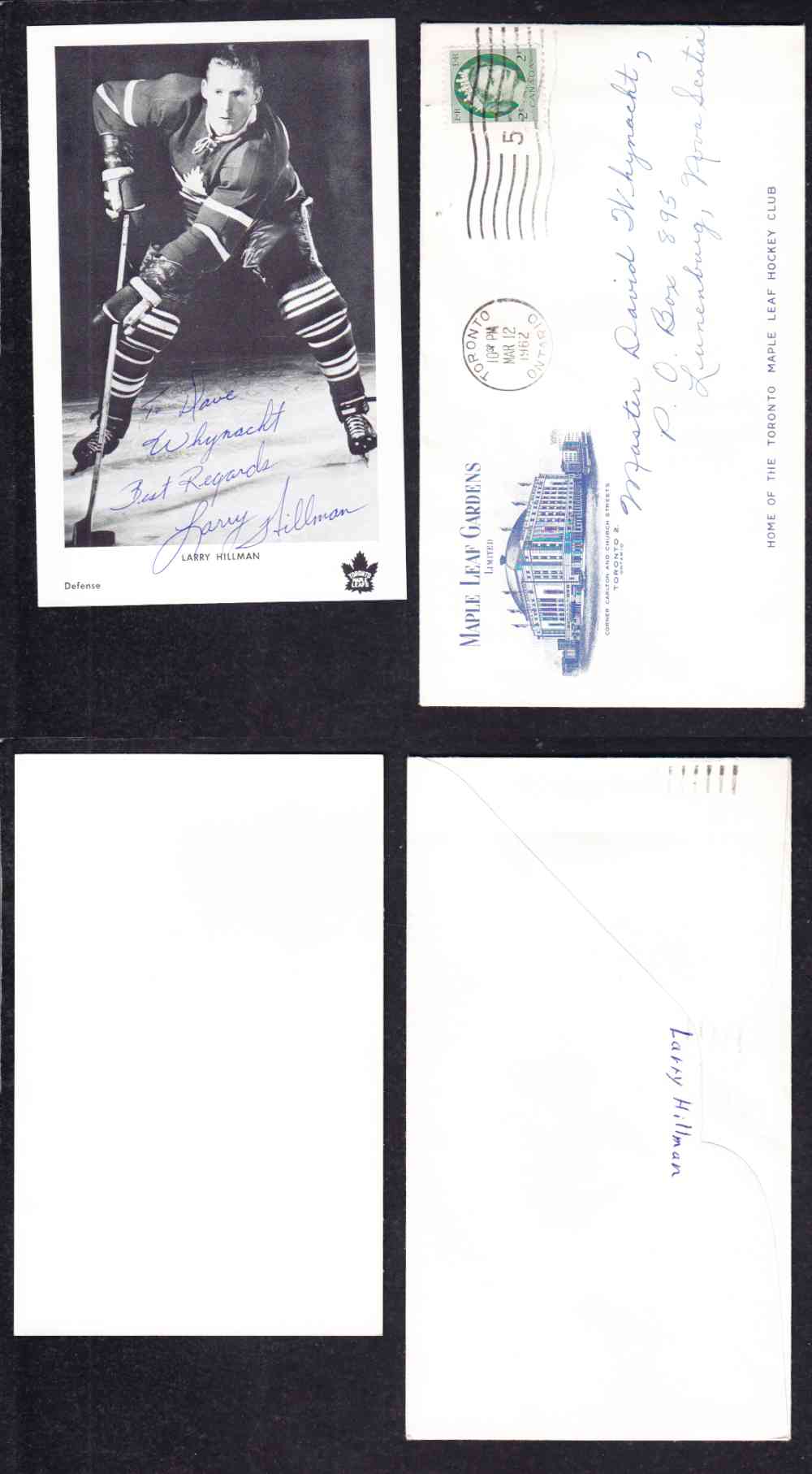 1960 'S TORONTO MAPLE LEAFS L.HILLMAN AUTOGRAPHED POST CARD photo 1960 'S TORONTO MAPLE LEAFS L.HILLMAN AUTOGRAPHED POST CARD photo