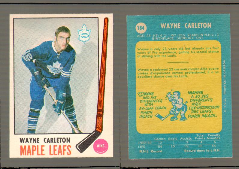 1969-70 O-PEE-CHEE HOCKEY CARD #184 WAYNE CARLETON photo