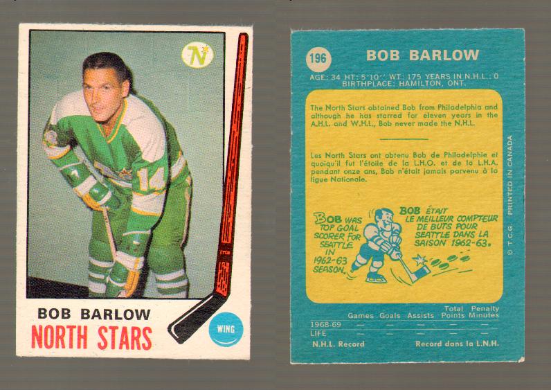 1969-70 O-PEE-CHEE HOCKEY CARD #196 BOB BARLOW photo 1969-70 O-PEE-CHEE HOCKEY CARD #196 BOB BARLOW photo