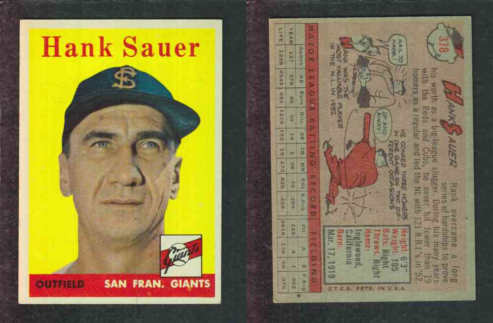 1958 TOPPS BASEBALL CARD #378 H. SAUER photo 1958 TOPPS BASEBALL CARD #378 H. SAUER photo