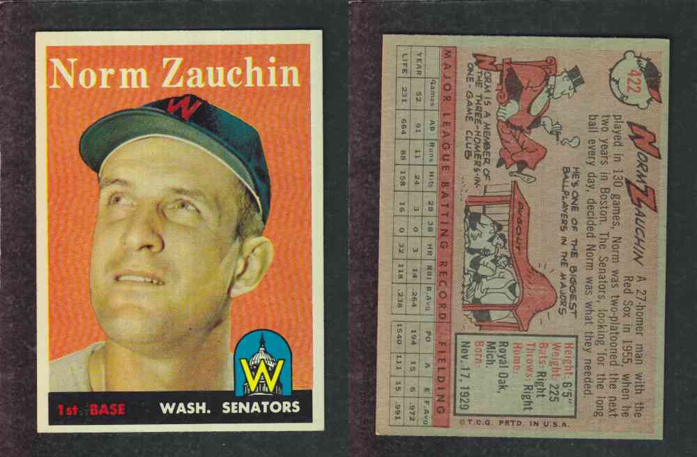 1958 TOPPS BASEBALL CARD #422 N. ZAUCHIN photo 1958 TOPPS BASEBALL CARD #422 N. ZAUCHIN photo