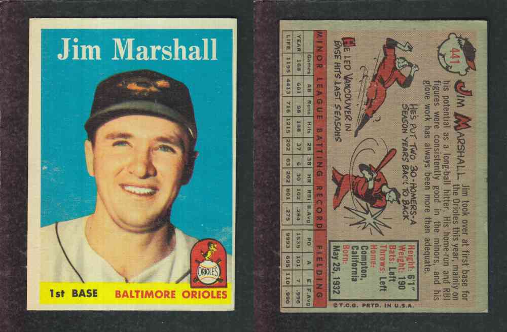 1958 TOPPS BASEBALL CARD #441 J. MARSHALL photo 1958 TOPPS BASEBALL CARD #441 J. MARSHALL photo
