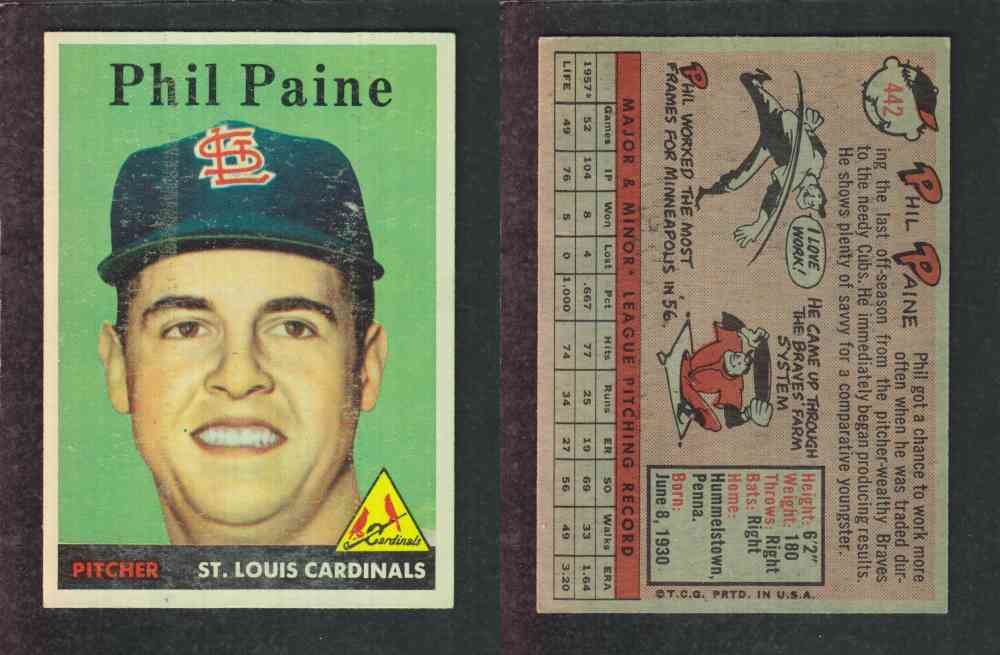 1958 TOPPS BASEBALL CARD #442 P. PAINE photo 1958 TOPPS BASEBALL CARD #442 P. PAINE photo