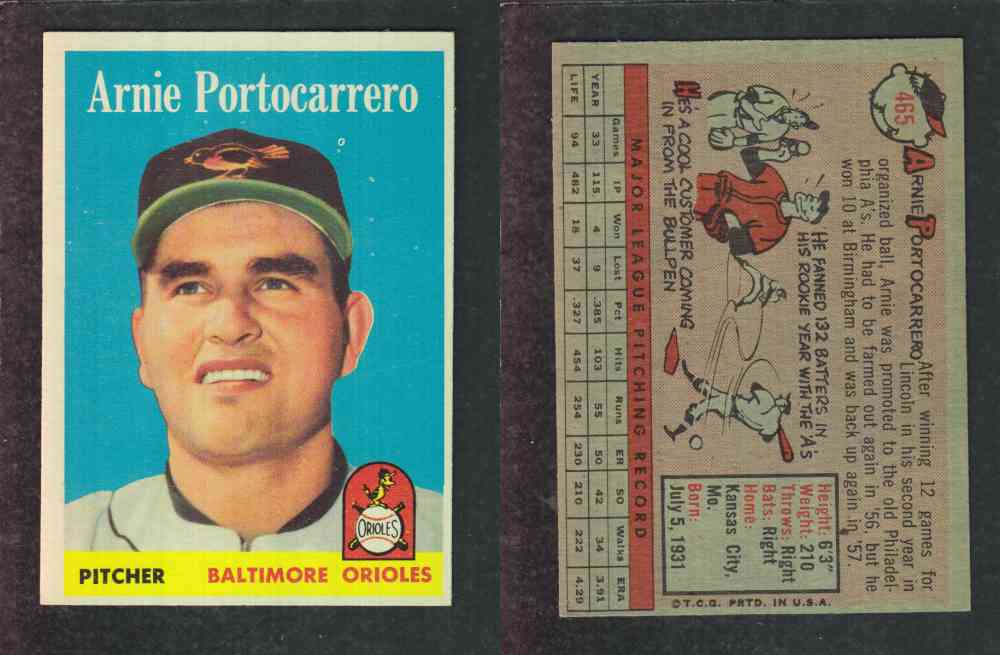 1958 TOPPS BASEBALL CARD #465 A. PORTOCARRERO photo 1958 TOPPS BASEBALL CARD #465 A. PORTOCARRERO photo