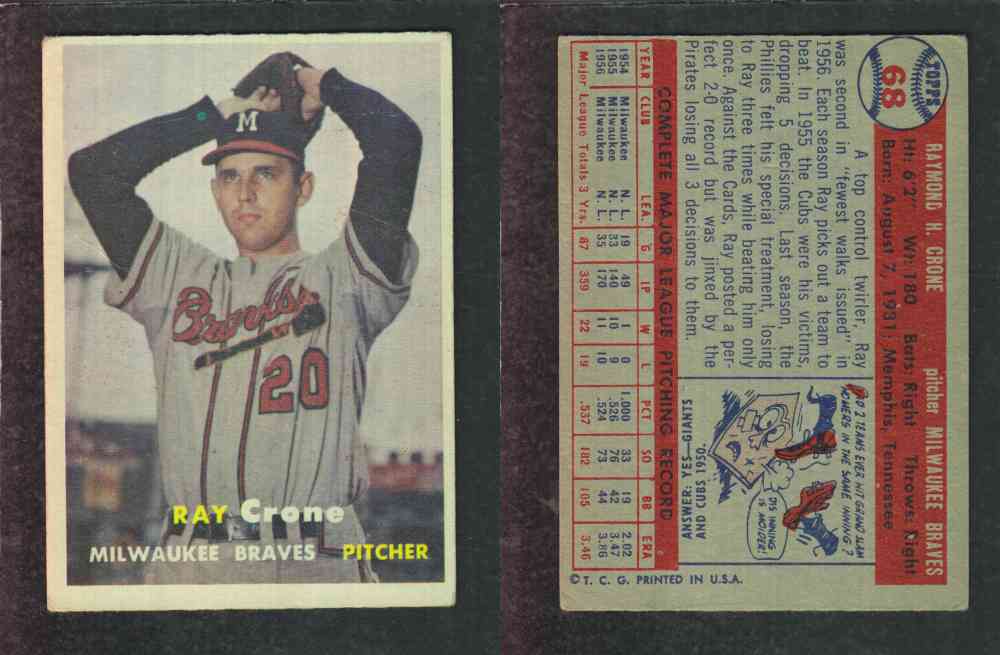 1957 TOPPS BASEBALL CARD #68 R. CRONE photo 1957 TOPPS BASEBALL CARD #68 R. CRONE photo