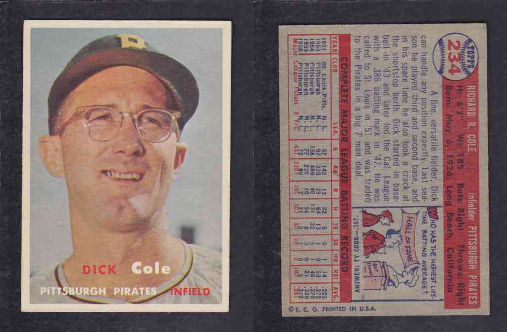 1957 TOPPS BASEBALL CARD #234 D. COLE photo 1957 TOPPS BASEBALL CARD #234 D. COLE photo