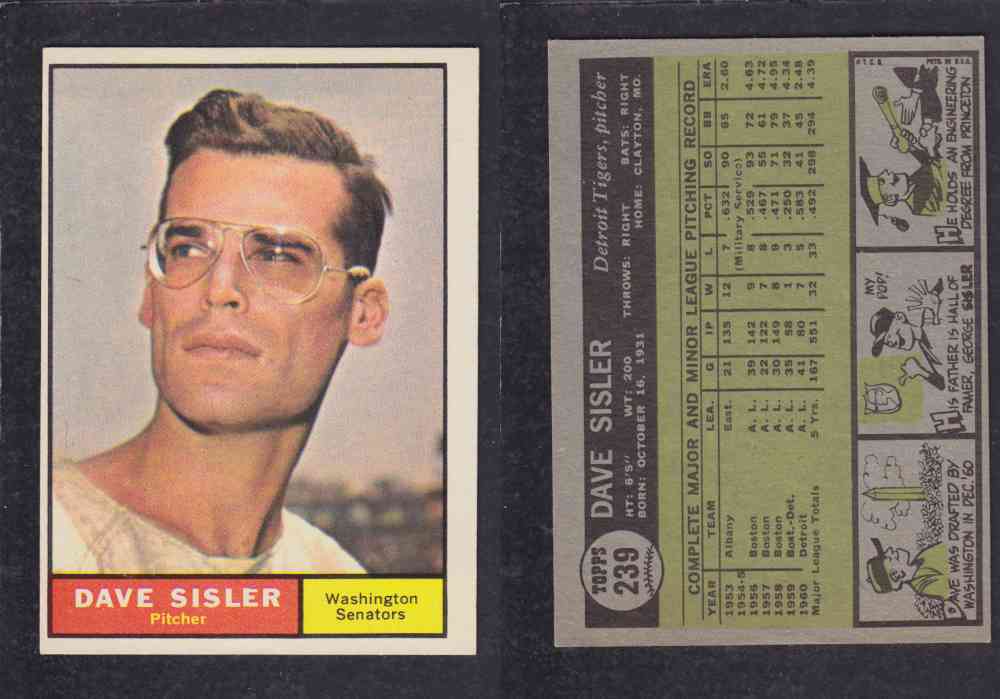 1962 TOPPS BASEBALL CARD #239 D. SISLER photo 1962 TOPPS BASEBALL CARD #239 D. SISLER photo