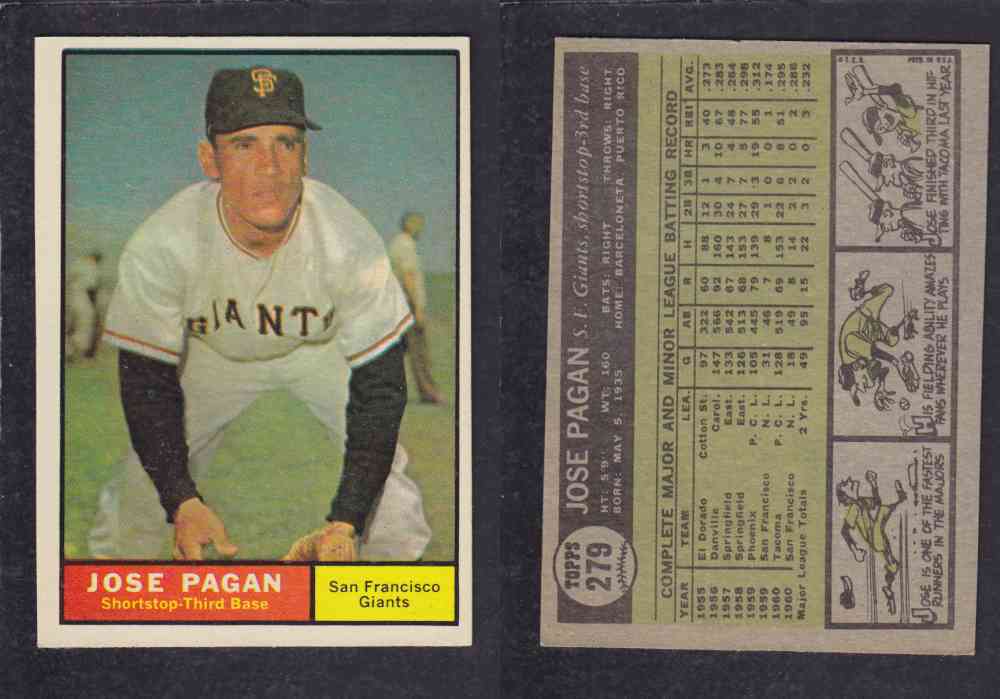 1961 TOPPS BASEBALL CARD #279 J. PAGAN photo 1961 TOPPS BASEBALL CARD #279 J. PAGAN photo