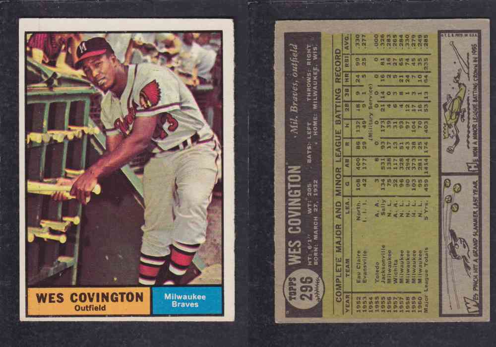 1961 TOPPS BASEBALL CARD #296 W. COVINGTON photo 1961 TOPPS BASEBALL CARD #296 W. COVINGTON photo