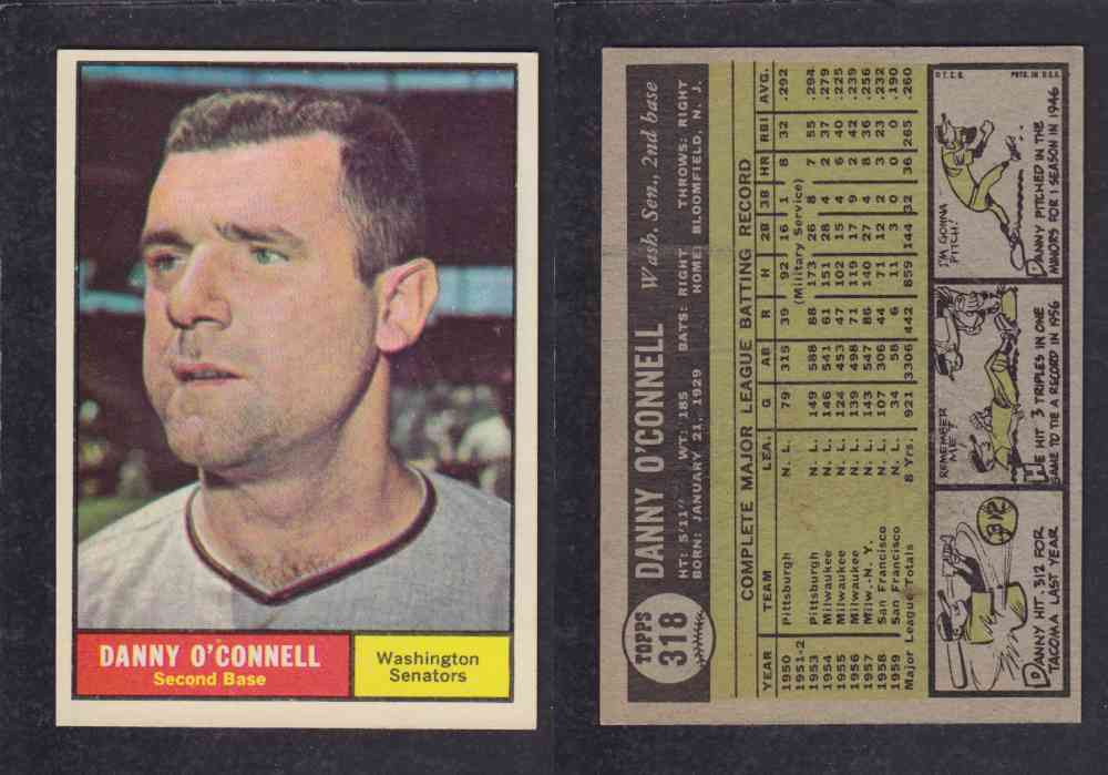 1961 TOPPS BASEBALL CARD #318 D. O`CONNELL photo 1961 TOPPS BASEBALL CARD #318 D. O`CONNELL photo
