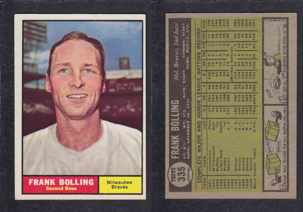 1961 TOPPS BASEBALL CARD #335 F. BOLLING photo 1961 TOPPS BASEBALL CARD #335 F. BOLLING photo