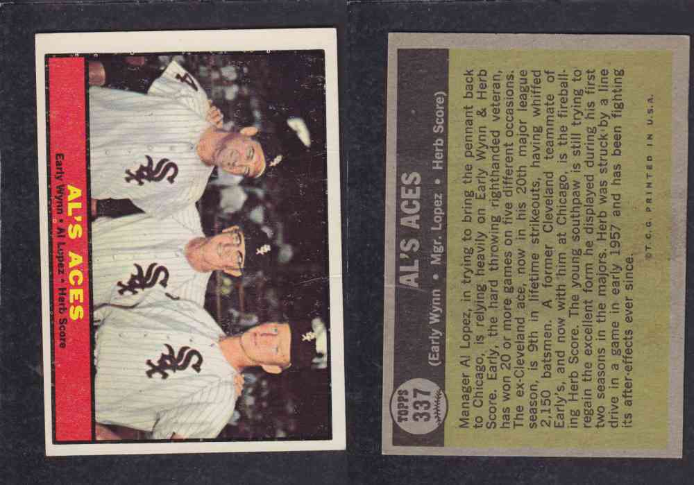1961 TOPPS BASEBALL CARD #337 AL`S ACES photo 1961 TOPPS BASEBALL CARD #337 AL`S ACES photo
