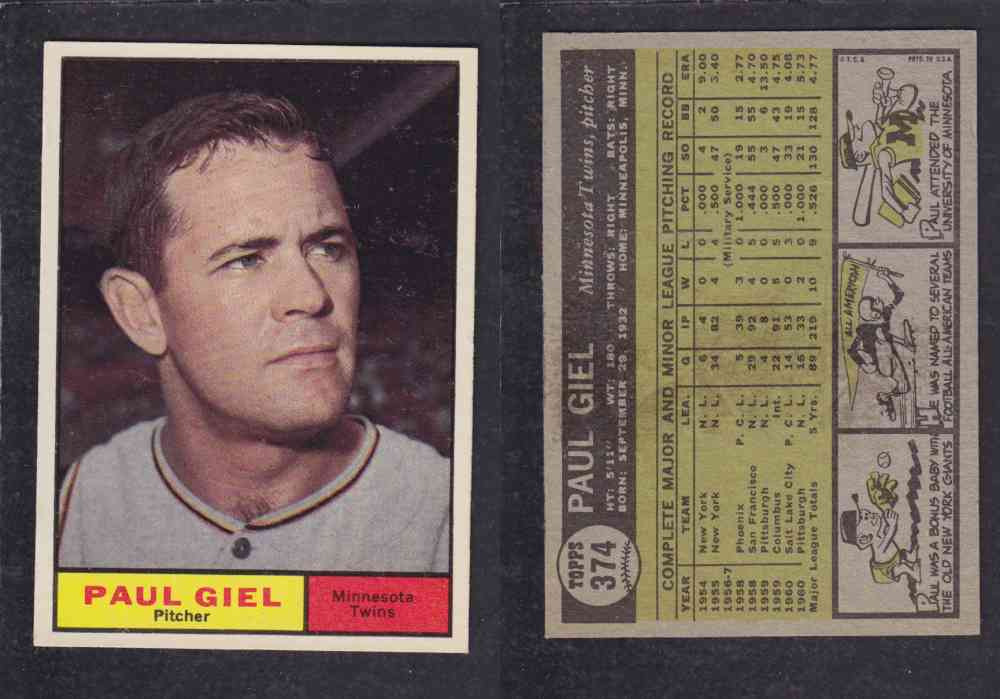 1961 TOPPS BASEBALL CARD #374 P. GIEL photo 1961 TOPPS BASEBALL CARD #374 P. GIEL photo