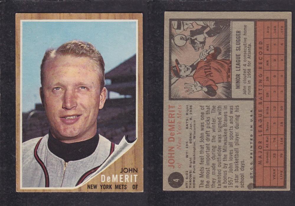 1962 TOPPS BASEBALL CARD # 4 J. DeMERIT photo 1962 TOPPS BASEBALL CARD # 4 J. DeMERIT photo
