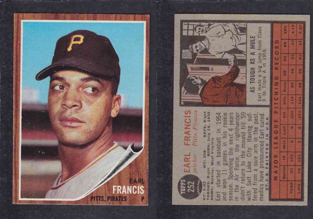 1962 TOPPS BASEBALL CARD #252 E. FRANCIS photo 1962 TOPPS BASEBALL CARD #252 E. FRANCIS photo
