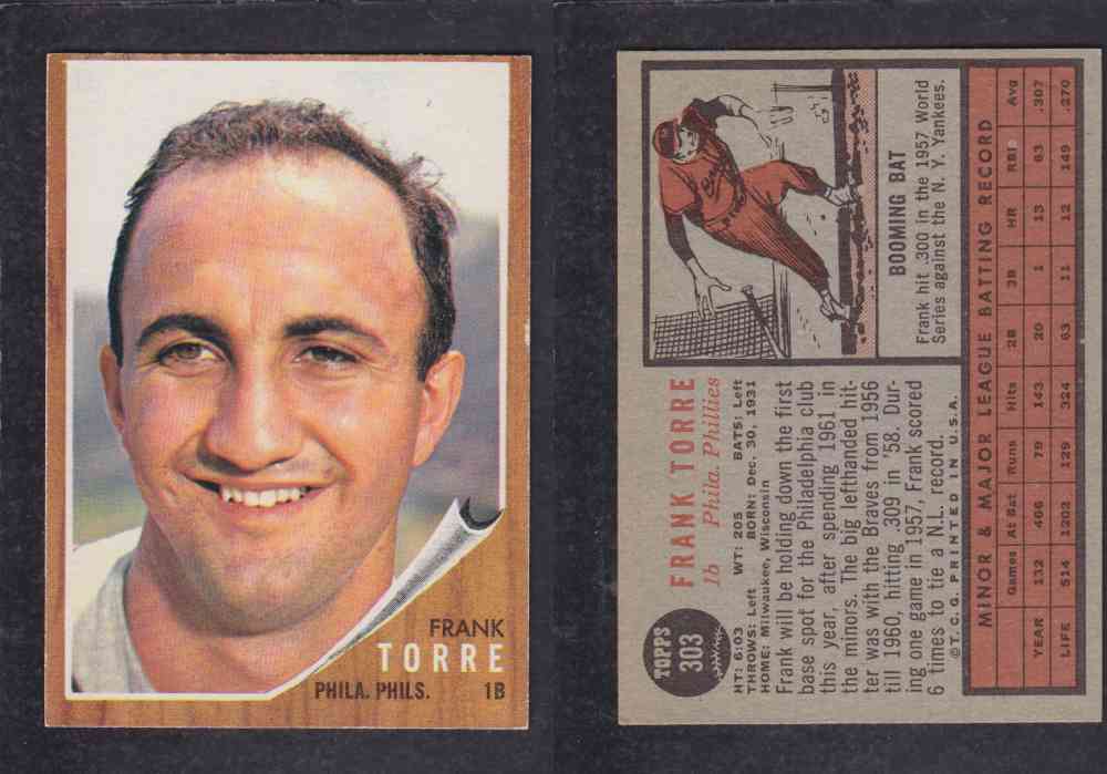 1962 TOPPS BASEBALL CARD #303 F. TORRE photo 1962 TOPPS BASEBALL CARD #303 F. TORRE photo