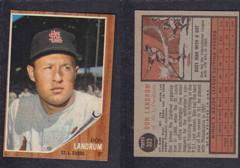 1962 TOPPS BASEBALL CARD #323 D. LANDRUM photo 1962 TOPPS BASEBALL CARD #323 D. LANDRUM photo