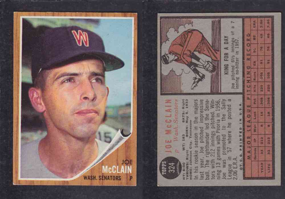 1962 TOPPS BASEBALL CARD #324 J. McCLAIN photo 1962 TOPPS BASEBALL CARD #324 J. McCLAIN photo